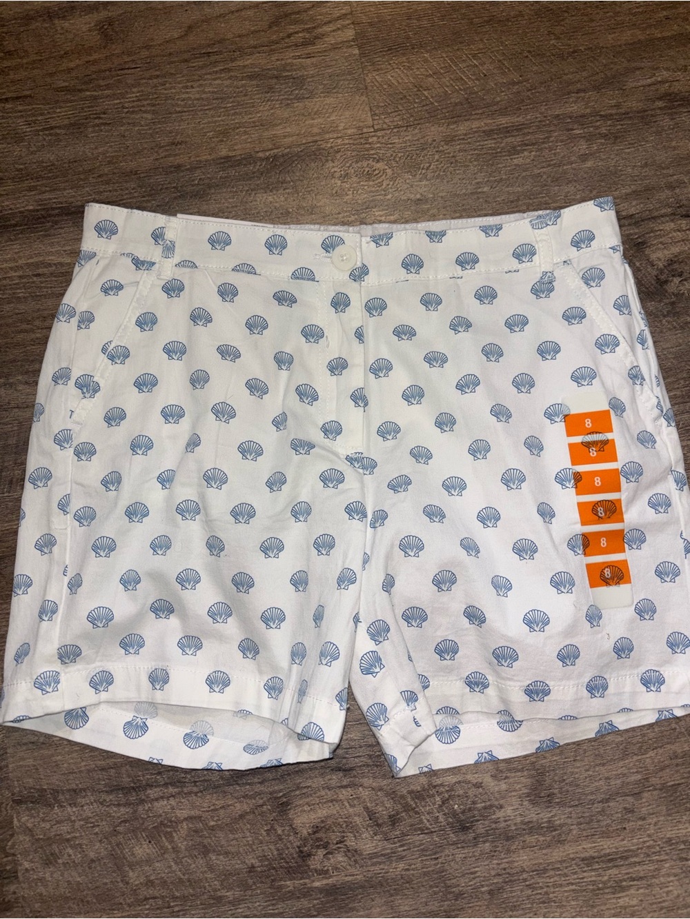 NWT Caribbean Joe White Blue Seashell Print Shorts 5" Inseam Coastal Size 8